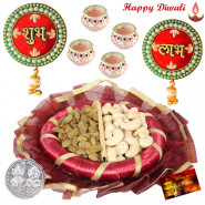 Cashew & Rainsin Delight - Cashew Rainsin 200 gms in Box, Decorative Thali, Round Shubh Labh with 4 Diyas and Laxmi-Ganesha Coin