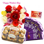 Choco Delight - 12 Mix Roses in Bunch, Ferrero Rocher 16 pcs, 5 Dairy Milk and Card