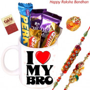 Chocolates in Mug - Assorted Chocolate Bar 5 Pcs, I Love My Bro Personalized Mug with 2 Rakhi and Roli-Chawal