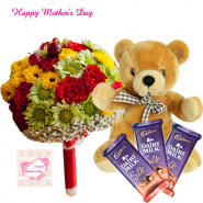 Chocolate n Teddy - 50 Assorted Flowers in Bunch, Teddy 12", 3 Dairy Milk Silk 69gms each and Card
