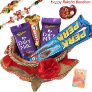 Assorted Choco Basket - Assorted Chocolates Bar 5 Pcs, Decorative Basket with 2 Rakhi and Roli-Chawal