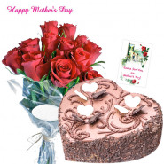 Chocolaty Love - Bunch of 15 Red Roses, Chocolate Heart Cake 2 kg and Card