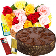Chocolaty Wishes - Basket 12 Mix Flowers + 1/2 Kg Delicious Cake + Cadbury Temptations 2 Bars + Card