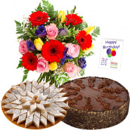 Sweet Moments - Bunch 12 Mix Flowers + Kaju Katli + 1/2 Kg Cake + Card