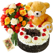 Just For You - Bunch 12 Mix Roses + 1/2 Kg Black Forest Cake + Teddy 6 Inch + Card