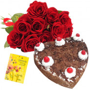 Roses with Heart Cake 1 Kg - 12 Red Roses Bunch + Heart Shaped Black Forest Cake 1 kg + Card