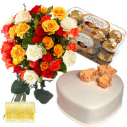 Treat From Heart - Bunch of 12 Mix Roses + Ferrero Rocher 16 Pcs+ Heart Shaped Vanilla Cake 1 kg + Card