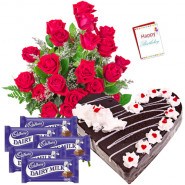 For Sweet Moments - Bunch of 12 Red Roses + Heart Shaped Black Forest Cake 1 kg + 5 Dairy Milk Chocolates + Card