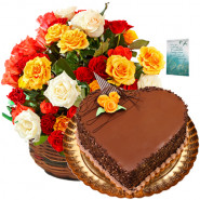 Delicious Combo - 20 Mix Roses Basket + Heart Shaped Cake 1 kg + Card