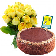 Sweet Blossom - Bunch 12 Yellow Roses + 1/2 kg Chocolate Cake + Card