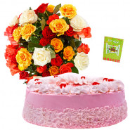 Strawberry Treat - Bunch 20 Mix Roses + 1/2 Kg Strawberry Cake + Card