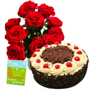 Wonderful Combo - 12 Red Roses Vase + 1/2 Kg Black Forest Cake + Card