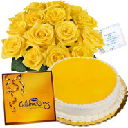Royal Treat - Bunch 12 Yellow Roses + 1/2 Kg Pineapple Cake + Cadbury Celebration + Card
