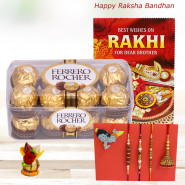 Delightful Rakhi Treat - Ferrero Rocher 16 Pcs with 1 Mauli Rakhi, 1 Pearl Rakhi, 1 Rudraksha Rakhi, 1 Kids Rakhi, 1 Lumba Rakhi and Roli-Chawal