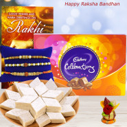 Sweet Celebration - Kaju Katli, Cadbury Celebration with 1 Mauli Rakhi, 1 Pearl Rakhi, 1 Sandalwood Rakhi and Roli-Chawal