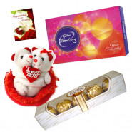 Romantic Teddy Love - Couple Teddy with Heart, Ferrero Rocher 4 pcs, Cadbury Celebrations 118 gms & Card