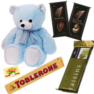 Teddy n Chocolates Combo - Teddy 6 inch, 2 Bournville 30 gms each, Toblerone, Temptations & Card