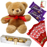Cuddly Chocolates - Teddy 8 inch, 2 Dairy Milk, 5 Kitkat, Ferrero Rocher 4 pcs & Card