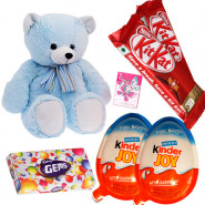 Dazzling Grand Chocolates - Teddy 10 inch, 2 Kinder Joy, 2 Kitkat, Gems & Card