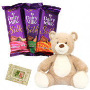 Silky Teddy - Teddy 8 inch, 3 Cadbury Silk 69 gms each & Card