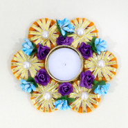 Six Decorative Disc Diya with Jute & Flower (with Wax Tealight) with Laxmi-Ganesha Coin