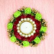 Floral Design Decorative Diya with Pearl (with Wax Tealight) with Laxmi-Ganesha Coin