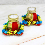 2 Decorative Kalash Diya (with Wax Tealight) with Laxmi-Ganesha Coin