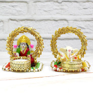 Decorative Laxmi Ganesha Diya (with Wax Tealight) with Laxmi-Ganesha Coin
