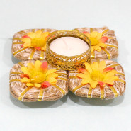 Decorative Jute & Flower Diya (with Wax Tealight) with Laxmi-Ganesha Coin