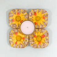 Decorative Jute & Flower Diya (with Wax Tealight) with Laxmi-Ganesha Coin