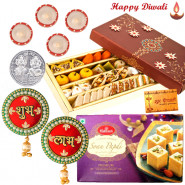 Delightful Sweet Hamper - Kaju Mix 250 gms, Haldiram Soan Papdi, Round Shubh Labh with 4 Diyas and Laxmi-Ganesha Coin