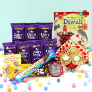 Choco Assortment Thali - Auspicious Ganesha Thali with Pearls, Assorted Chocolate Bars 5 pcs, 5 Dairy Milk Bars with Bhaidooj Tikka and Laxmi-Ganesha Coin