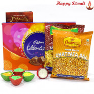 Elegant Hamper - Cadbury Celebration, 2 Namkeen with 4 Diyas and Laxmi-Ganesha Coin