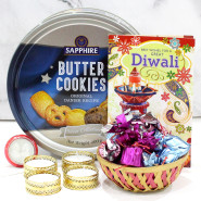 Grand Combo - Assorted Chocolates 100 gms, Danish Butter Cookies with 4 Golden Diyas and Laxmi-Ganesha Coin