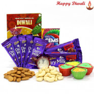 Delightful Chocolates - 2 Fruit n Nut, Gems, 5 Dairy Milk, Cashew Almond 200 gms with 4 Diyas and Laxmi-Ganesha Coin