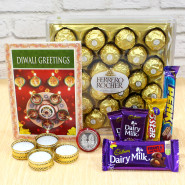 Chocolaty Treat - Ferrero Rocher 24 pcs, Cadbury Hamper with 4 Golden Diyas and Laxmi-Ganesha Coin