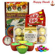 Delightful Hamper - Ferrero Rocher 16 pcs, 2 Kitkat , 1 Gems with 4 Diyas and Laxmi-Ganesha Coin
