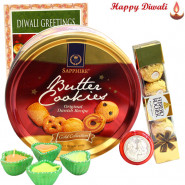 Khatta-Meetha - Ferrero Rocher 4 pcs, Danish Cookies with 4 Diyas and Laxmi-Ganesha Coin