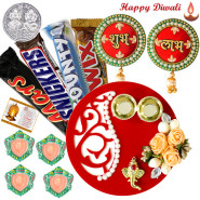 Alluring Choco Thali - Snickers, Mars, Twix, Bounty, Fancy Ganesha Thali with Flowers & Perals, Round Shubh Labh, Round Shubh Labh with 4 Diyas and Laxmi-Ganesha Coin