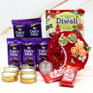 Diwali Choco Celebration - 5 Cadbury's Dairy Milk Bars, 2 Kit Kat Fancy Ganesha Thali with Flowers & Pearls with 4 Golden Diyas and Laxmi-Ganesha Coin