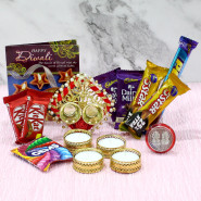 Special Choco Thali - 5 Assorted Bars, Auspicious Ganesha Thali with Pearls, 2 Kit Kat, 1 Gems with 4 Golden Diyas and Laxmi-Ganesha Coin