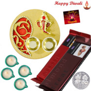 Yummy Choco Thali - 2 Temptations, Artistic Ganesha Thali with Golden Base with 4 Diyas and Laxmi-Ganesha Coin