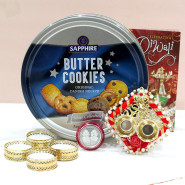 Crunchy Choco Thali - Danish Butter Cookies, Auspicious Ganesha Thali with Pearls with 4 Golden Diyas and Laxmi-Ganesha Coin