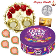 Elegant Choco Thali - Nestle Quality Street Chocolates, Elegant Ganesh Thali with Flowers & Perals with 4 Diyas and Laxmi-Ganesha Coin