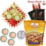 Rich Choco Namkeen - Auspicious Ganesha Thali with Pearls, 2 Bournville bars, Haldiram 1 Pack with 4 Diyas and Laxmi-Ganesha Coin