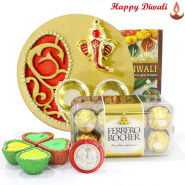 Choco Feast Thali - Ferraro Rocher 16 pcs, Artistic Ganesha Thali with Golden Base with 4 Diyas and Laxmi-Ganesha Coin
