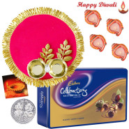 Diwali Choco Thali - Cadbury's Rich Dry Fruits, Stylish Pooja Thali with Golden Border with 4 Diyas and Laxmi-Ganesha Coin