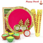Decorated Choco Thali - 2 Toblerone, Stylish Pooja Thali with Golden Border with 4 Diyas and Laxmi-Ganesha Coin