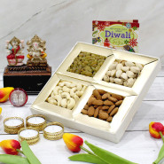 Dryfruits Treat - Assorted Dryfruits 200 gms, Laxmi-Ganesha Idols with 4 Golden Diyas and Laxmi-Ganesha Coin