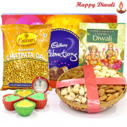 Full Treat - Assorted Dryfruits Basket 400 gms, Celebrations 121 gms, 1 Haldiram Namkeen with 4 Diyas and Laxmi-Ganesha Coin